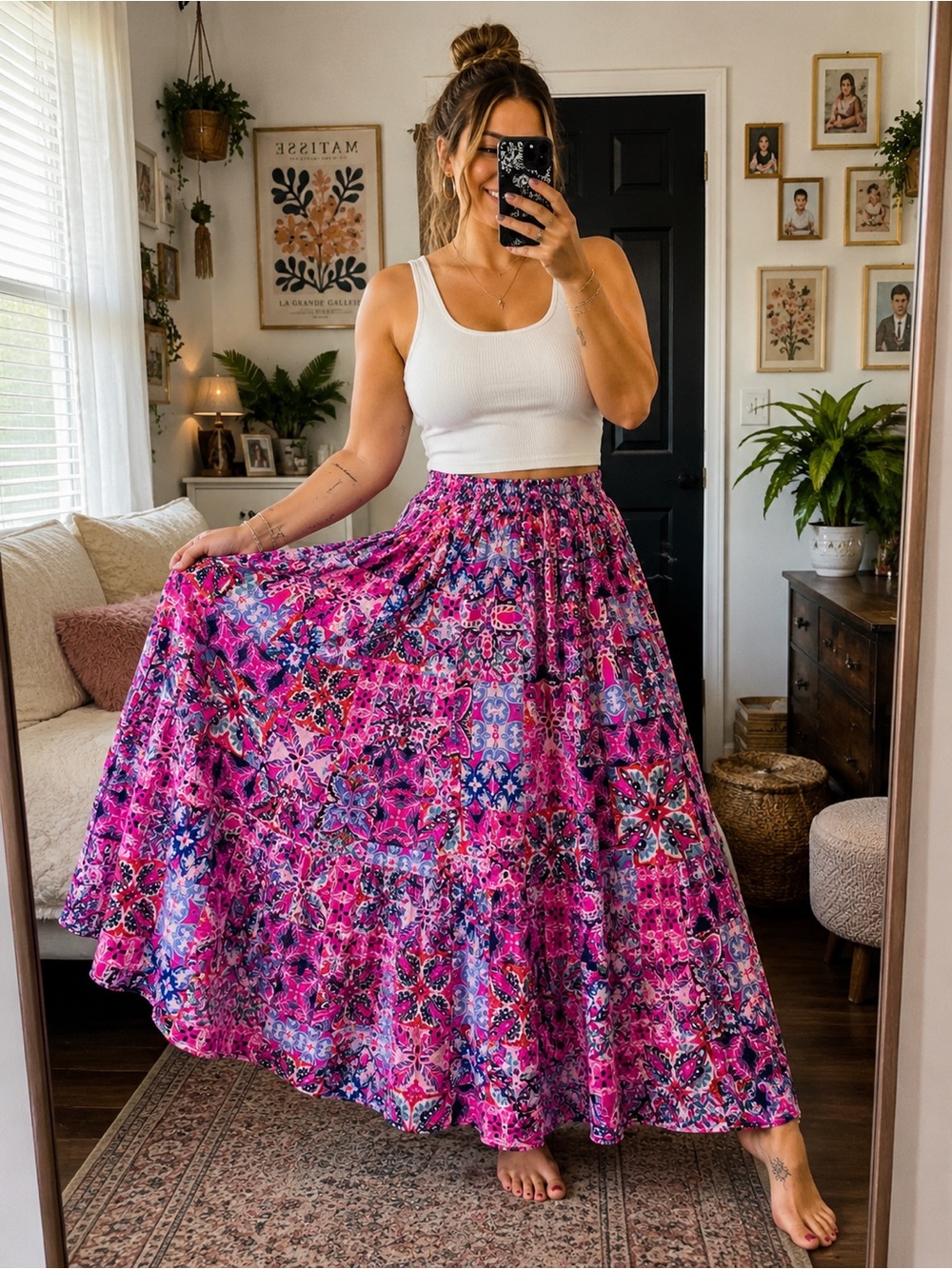 New Directions Boho Patchwork Maxi Skirt Size Large Pink Blue Twirl Full Sweep - Picture 1 of 6